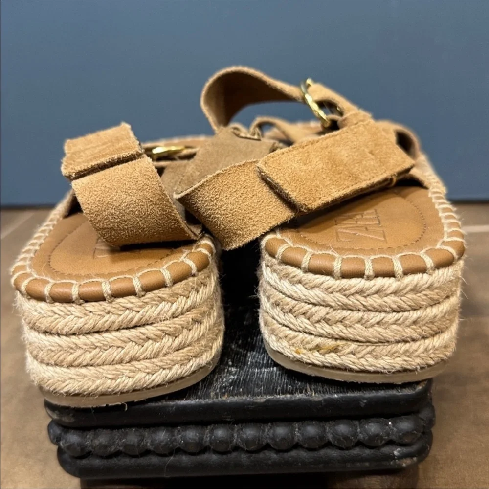 Zara Suede Leather Espadrille Sandals Tan Ankle Strap Flat Boho EU 36 US 6